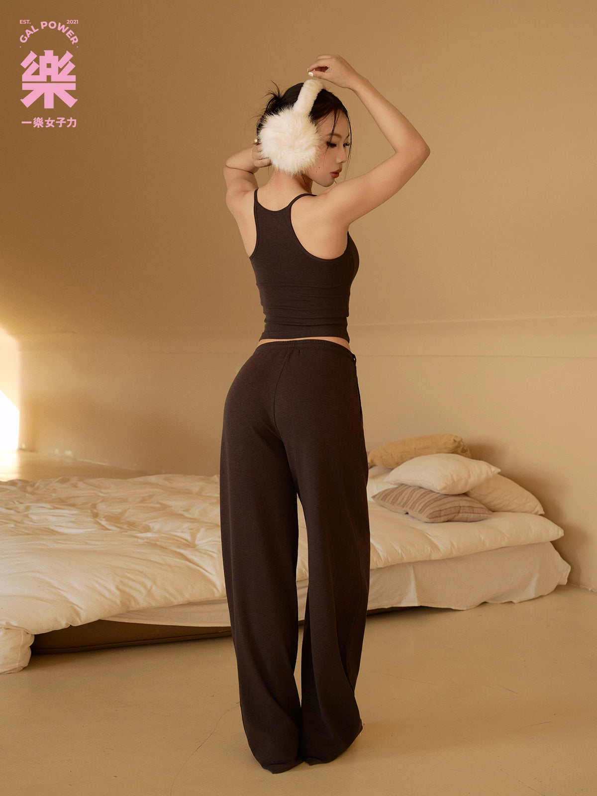 Smoke Wood Ash wide leg sweatpants shown from the back