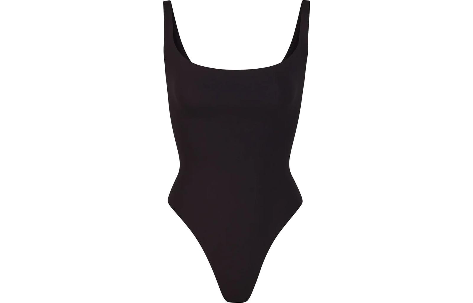 Cotton Bodysuit أسود ناعم بياقة مربعة مرن ومريح