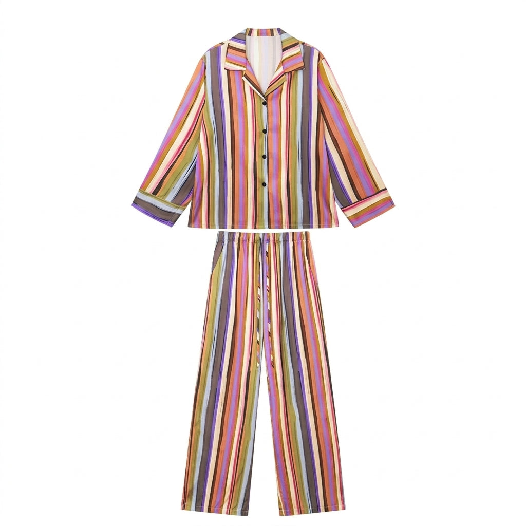 Striped pajama set with long sleeve button shirt and wide leg pants in a multicolor stripe