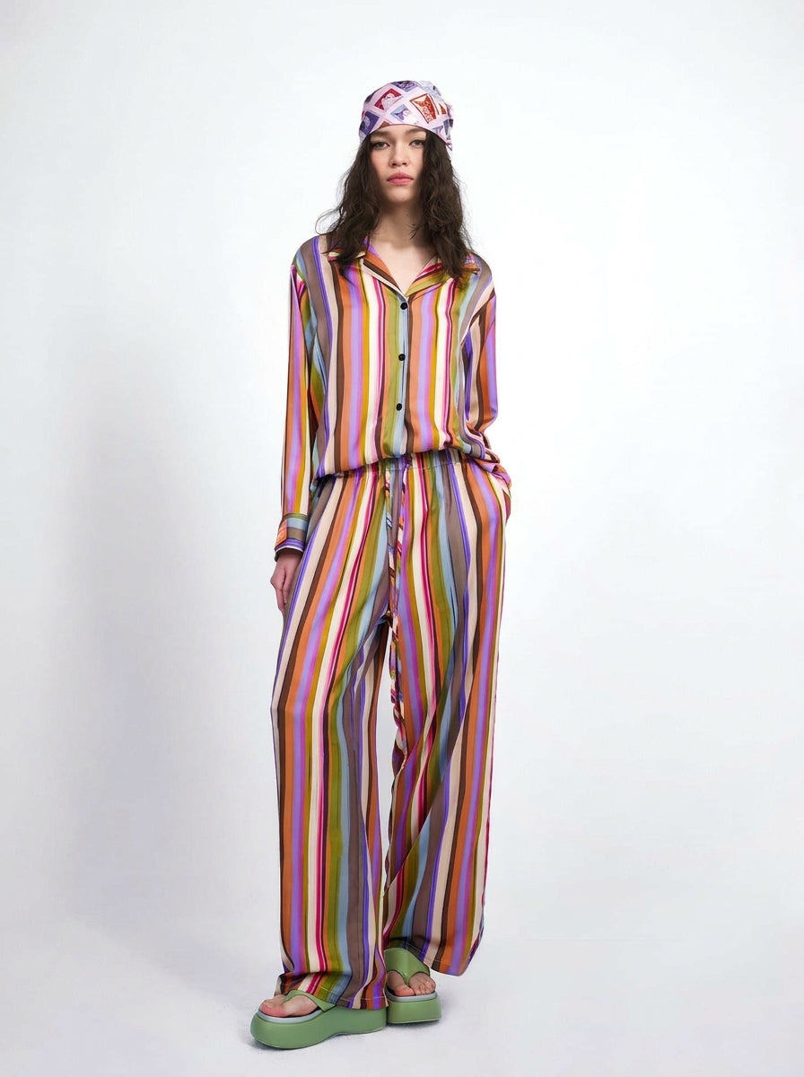 Women's striped pajama set, alternate view of the button shirt and wide leg pants