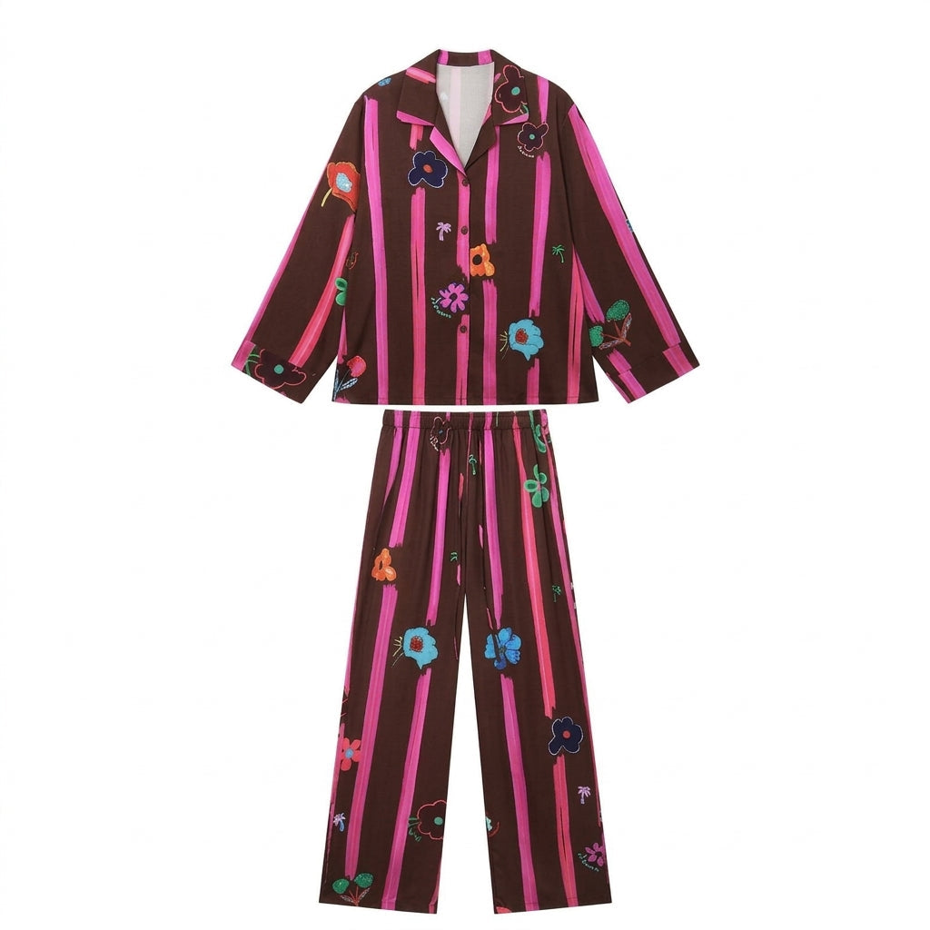 Floral stripe loungewear set with long sleeve button shirt and wide leg pants