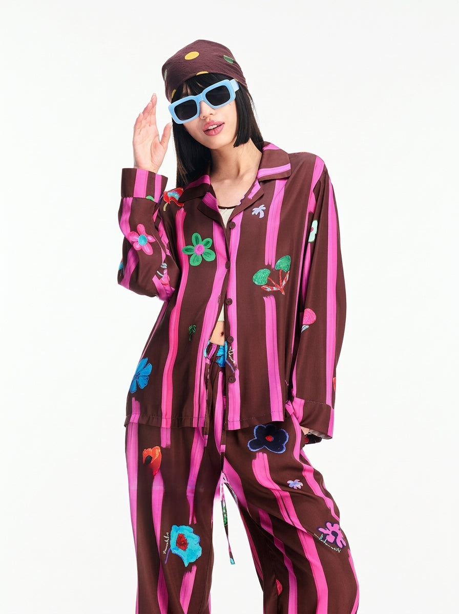 Floral stripe loungewear set for women, alternate view of the two-piece outfit
