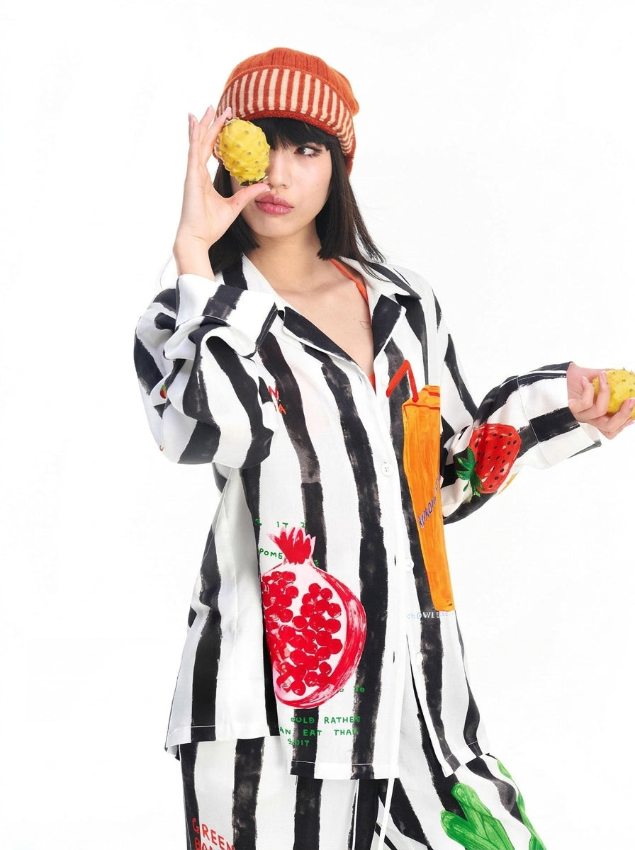 Graffiti stripe pajama set for women in black and white, two-piece loungewear