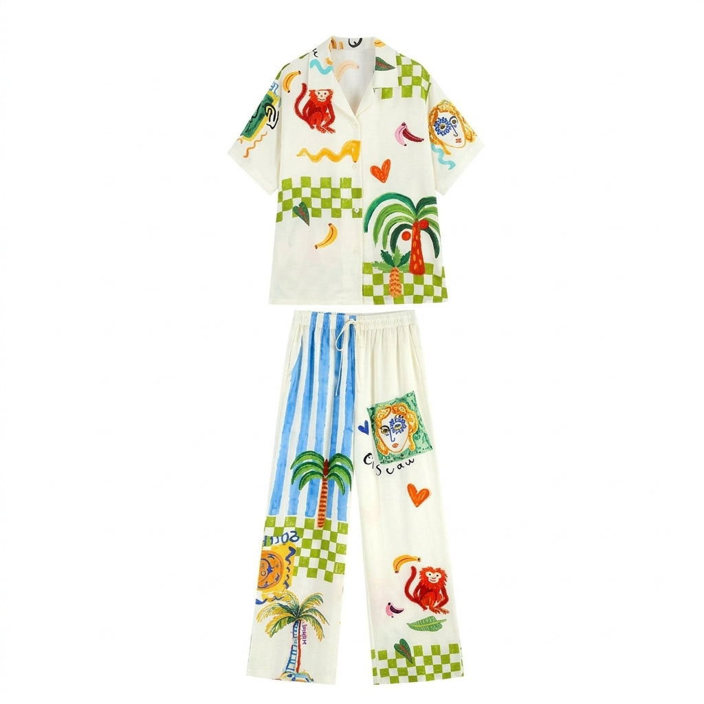 Graffiti print pajama set with short sleeve camp collar shirt and wide leg drawstring pants