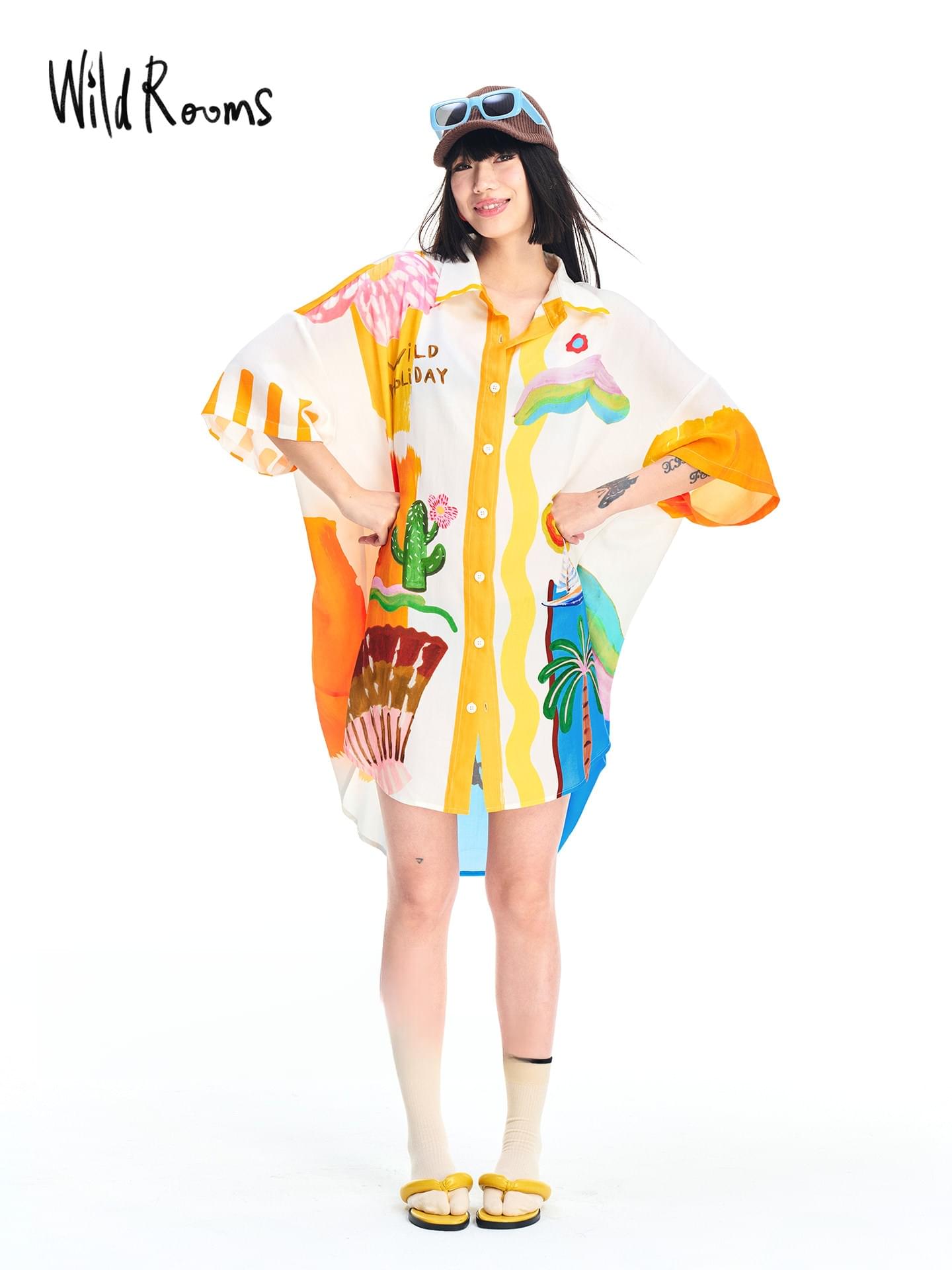 Wildrooms loungewear nightdress, summer women's printed shirt dress, three-quarter sleeves, cool and breathable, 2026 new arrival
