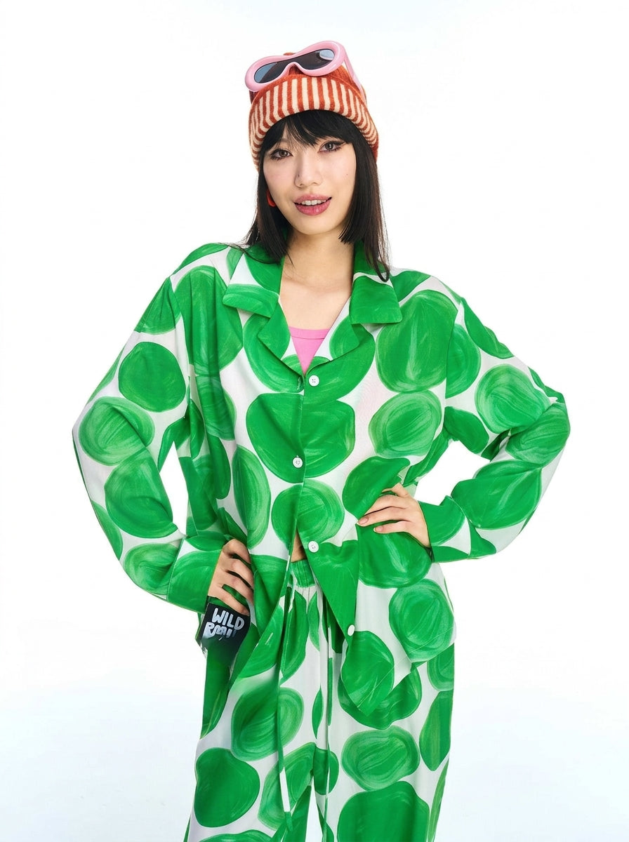 Green polka dot pajama set with notch lapel collar and button front