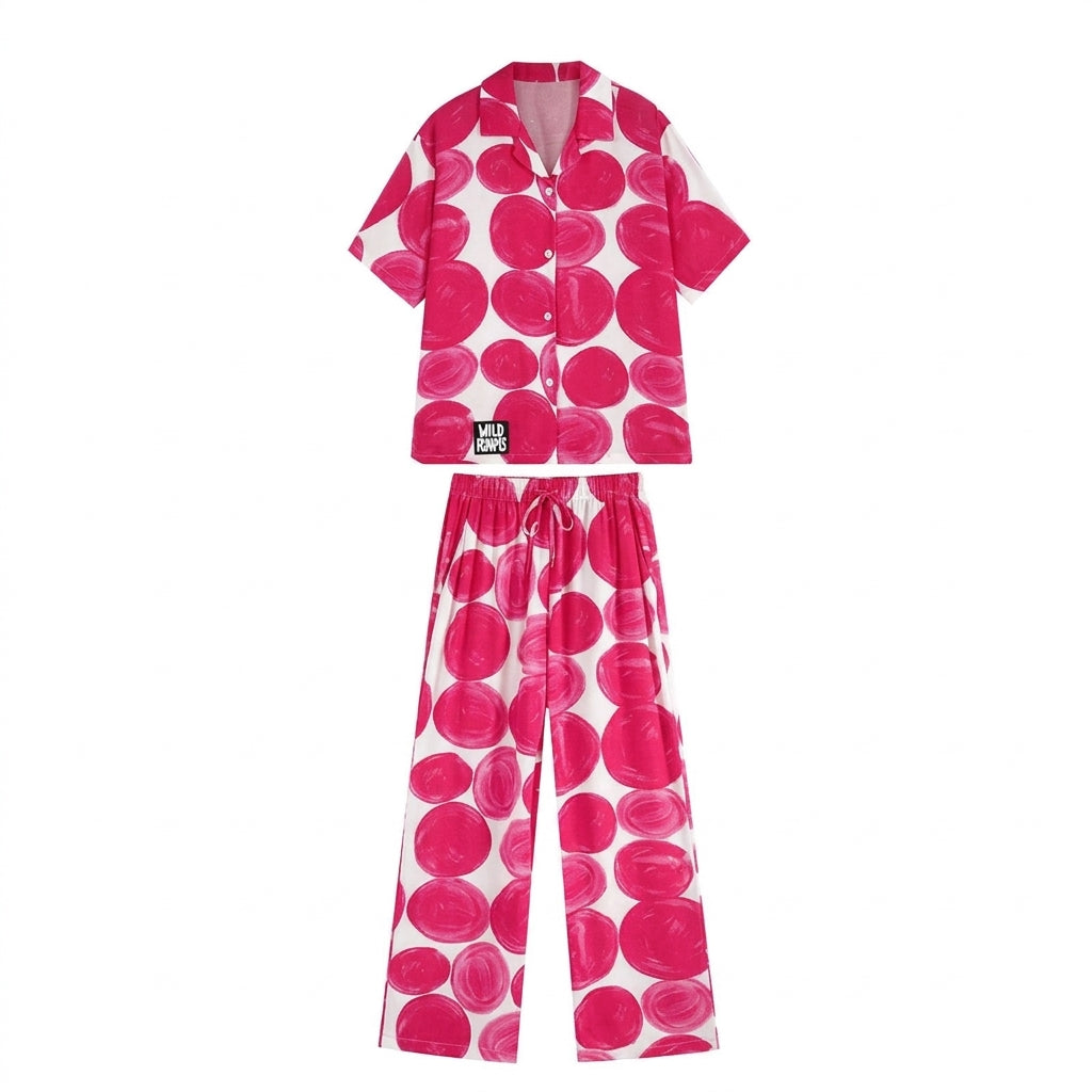 Pink polka dot pajamas, two-piece set with top and wide-leg drawstring pants