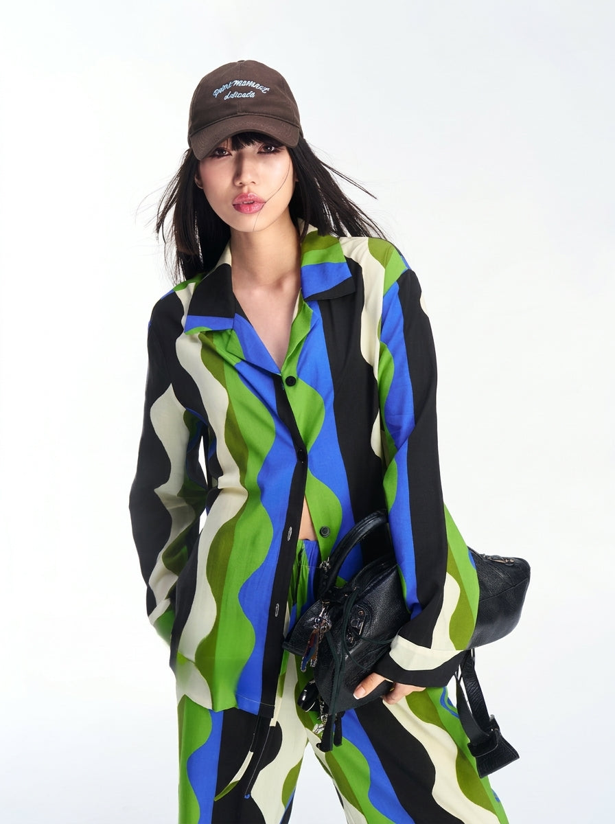Women's pajama set in Black waves, two-piece loungewear