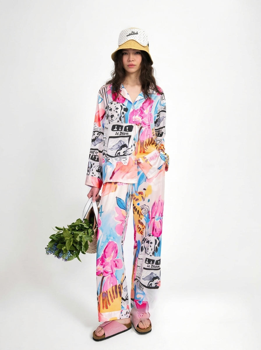 Pink loungewear set with dalmatian and floral print shirt and wide leg pants