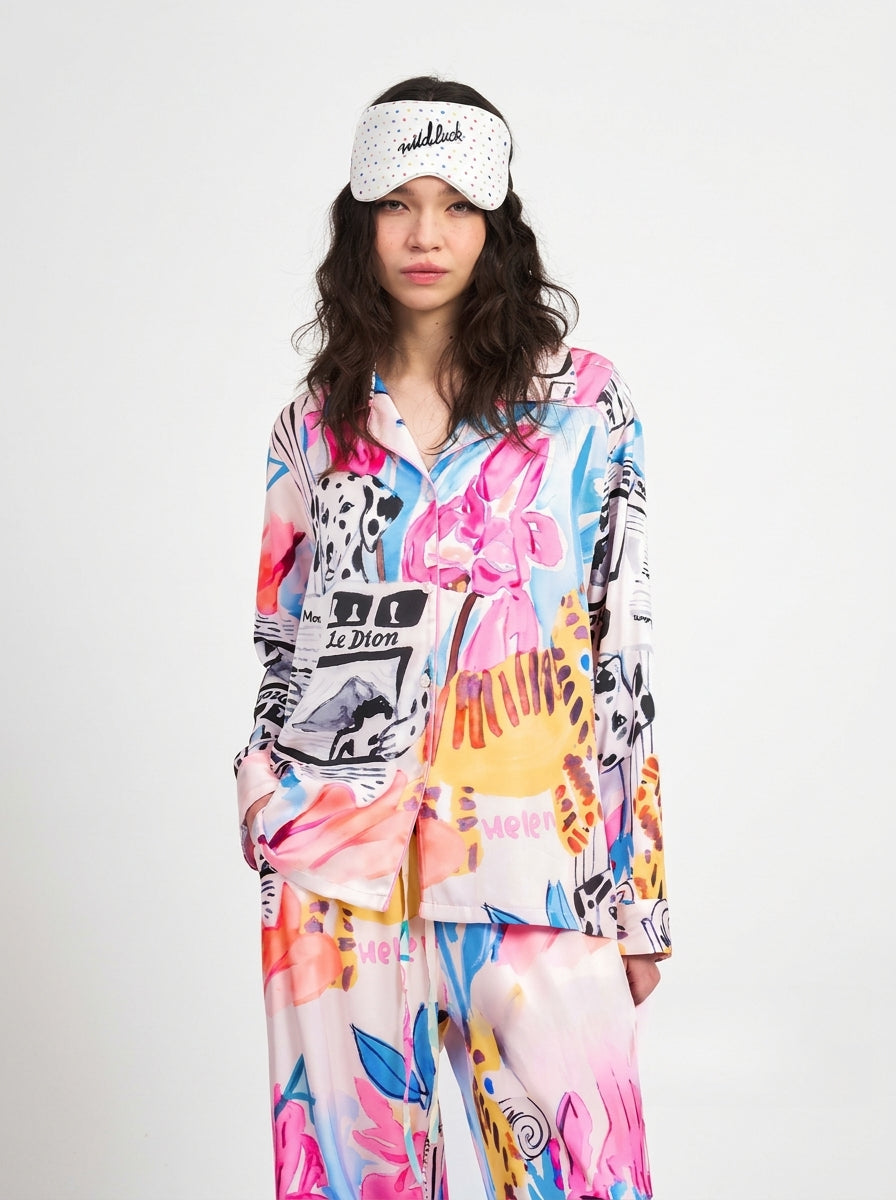 Women's two-piece pajama set in pink print with notched collar long sleeve shirt