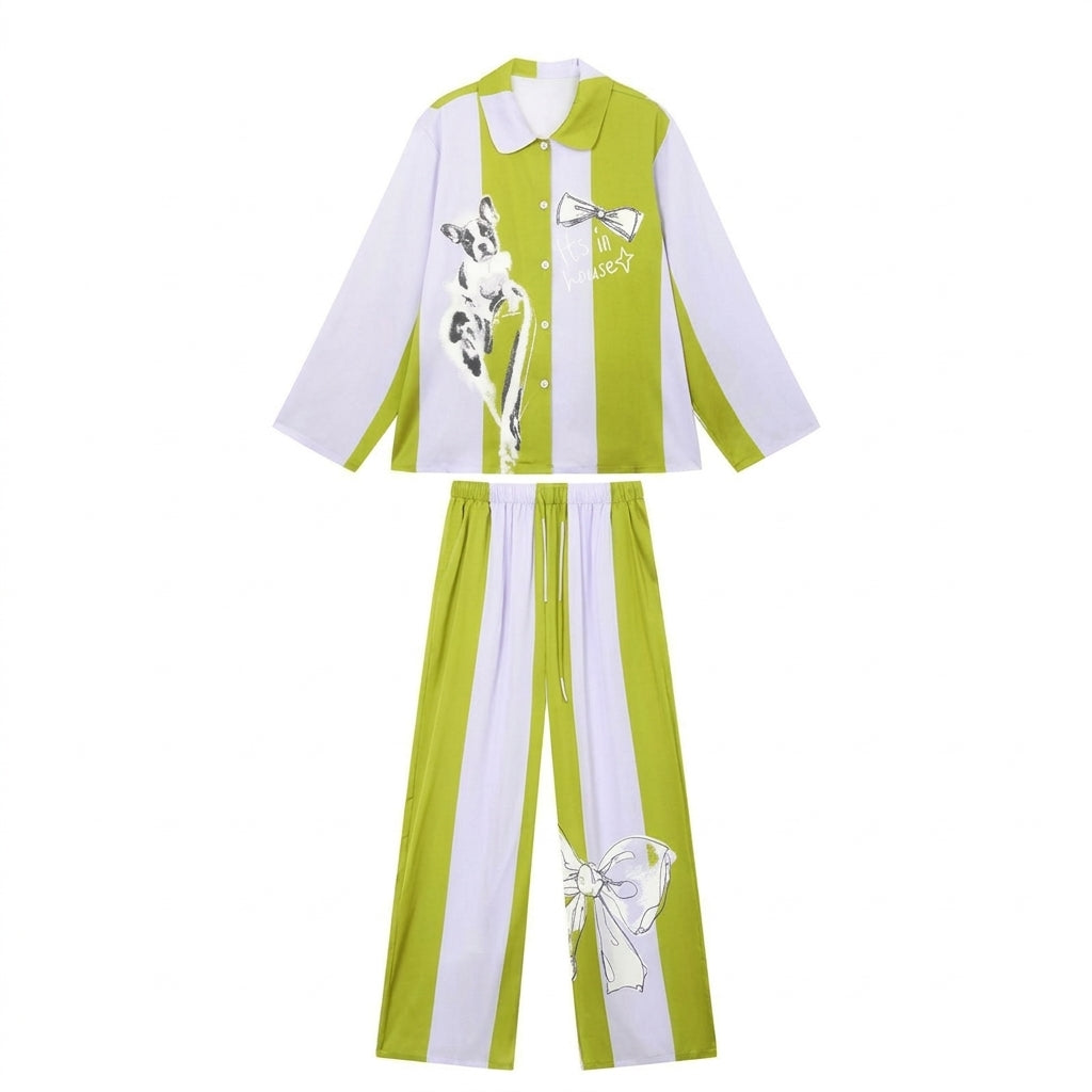 Lime striped pajama set with long sleeve collared shirt and wide leg pants, front view