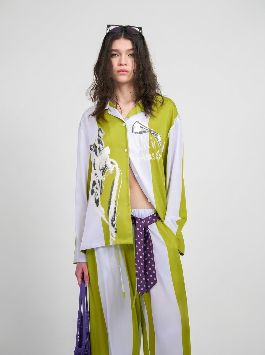 Striped pajama set shirt with sketch print and button front, close view