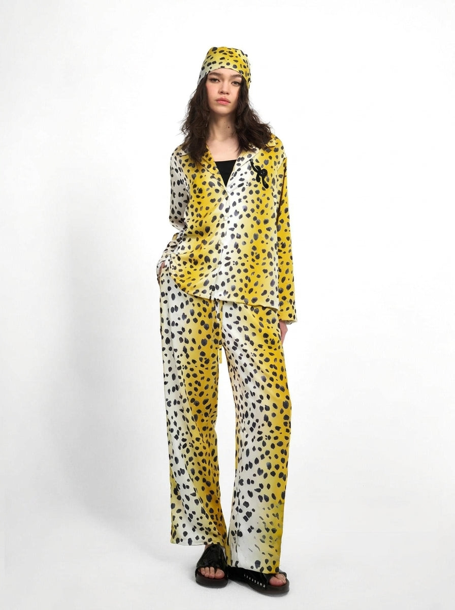 White gold ombre leopard pajama set, long sleeve shirt and drawstring pants