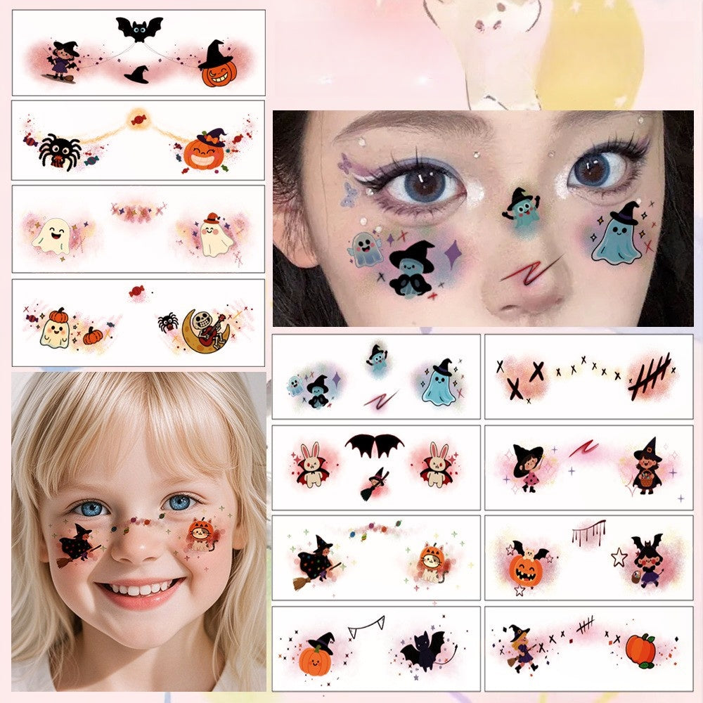 Halloween stickers featuring colorful cartoon ghosts, pumpkins, bats, witches, and spiders for face decoration on children.