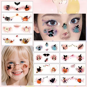 Halloween stickers featuring colorful cartoon ghosts, pumpkins, bats, witches, and spiders for face decoration on children.