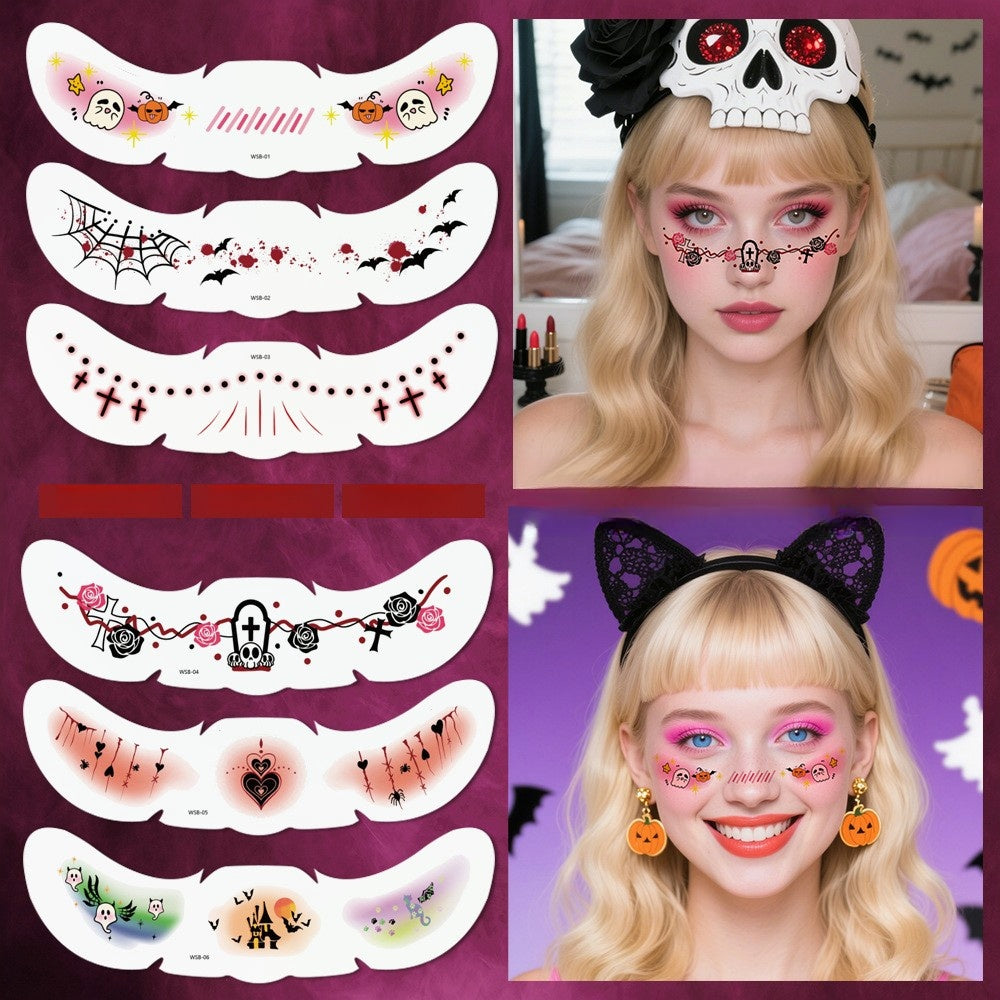 Halloween stickers featuring colorful cartoon pumpkins, skulls, spider webs, bats, roses, and decorative face designs for temporary tattoo use.