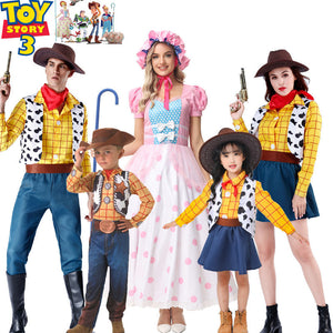 Woody Clothes cosplay costumes featuring yellow plaid shirts, cow print vests, red neckerchiefs, brown hats, and blue pants or skirts worn by adults and children.