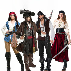 Group of four adults wearing Halloween pirate cosplay with various costumes including tricorn hats, bandanas, long coats, boots, and pirate accessories