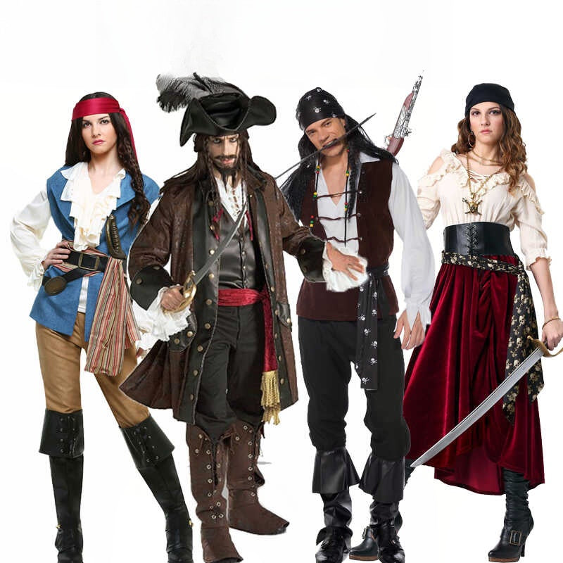 Group of four adults wearing Halloween pirate cosplay with various costumes including tricorn hats, bandanas, long coats, boots, and pirate accessories