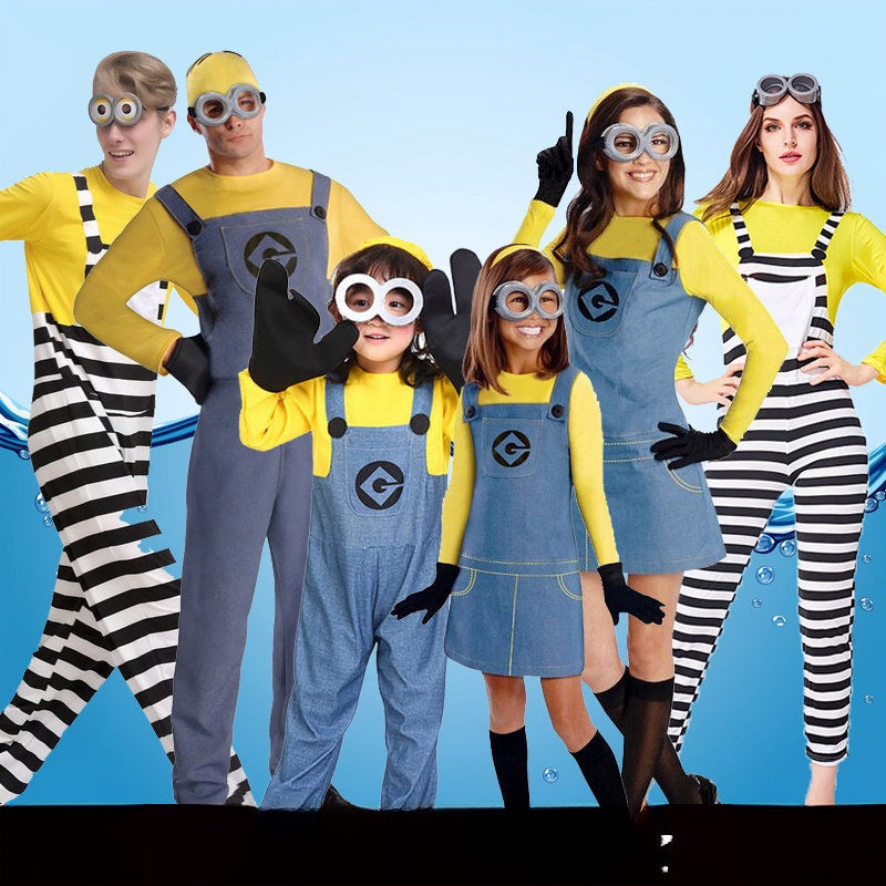 Group of people wearing Halloween cos adult yellow long-sleeve shirts and blue overalls or black-and-white striped pants with goggles, dressed as cartoon thief characters.