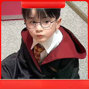 Children's black and red college style robes with white shirt and tie featuring Harry Potter clothes for Halloween or cosplay costumes.