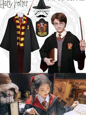 Harry Potter cosplay Gryffindor wizard robe with red and gold striped scarf, cloak, and house crest patch