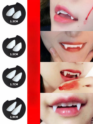 Vampire Dentures with white pointed fangs in four size options, shown worn on lips with fake blood effects for Halloween.