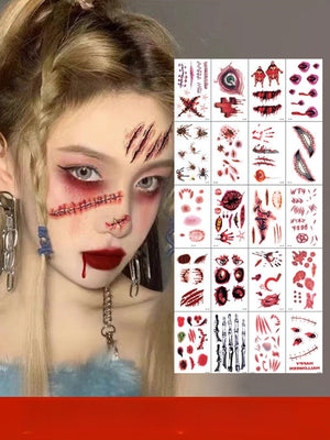 Halloween costumes featuring realistic makeup stickers and imitation scars in red and black for spooky and dramatic effects.