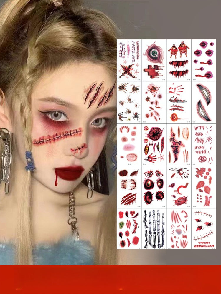 Halloween costumes featuring realistic makeup stickers and imitation scars in red and black for spooky and dramatic effects.