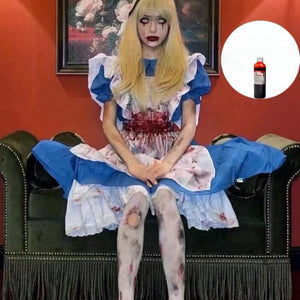 Adult Halloween cosplay dress in blue and white with blood stains, puff sleeves, and a classic Alice in Wonderland style design.