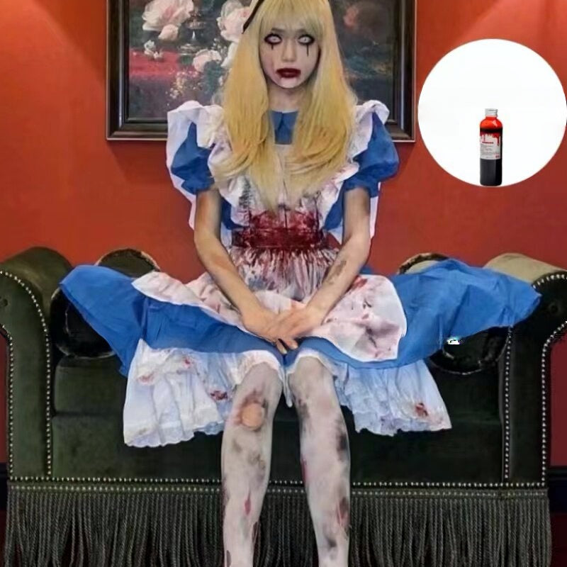 Adult Halloween cosplay dress in blue and white with blood stains, puff sleeves, and a classic Alice in Wonderland style design.